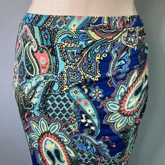 Sunny Leight Petites Blue Paisley Tulip Hem Faux Wrap Midi Pull On Skirt Size PL - Picture 6 of 13